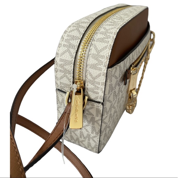 Michael Kors Crossbody Bag Jet Set Large Leather MK print logo Vanilla - Picture 7 of 11